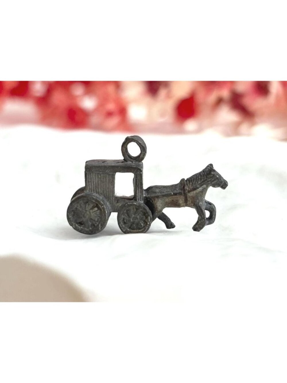 Horse & Carriage Figural Tiny Vintage Silver Toned Pendant | Charm